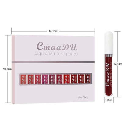 💄 10-Piece Matte Waterproof Lip Gloss Set – Bold Color, All-Day Stay Big Sale