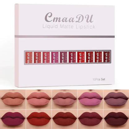 💄 10-Piece Matte Waterproof Lip Gloss Set – Bold Color, All-Day Stay Big Sale